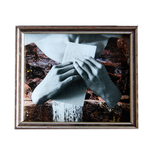 Collage of two hands in a carved wooden frame